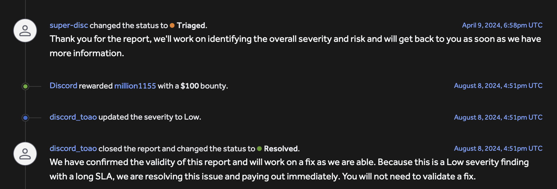 Image of me reporting the issue to Discord
