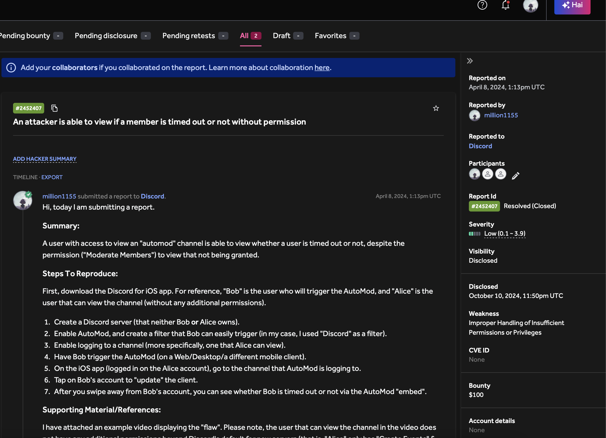 Image of me reporting the issue to Discord